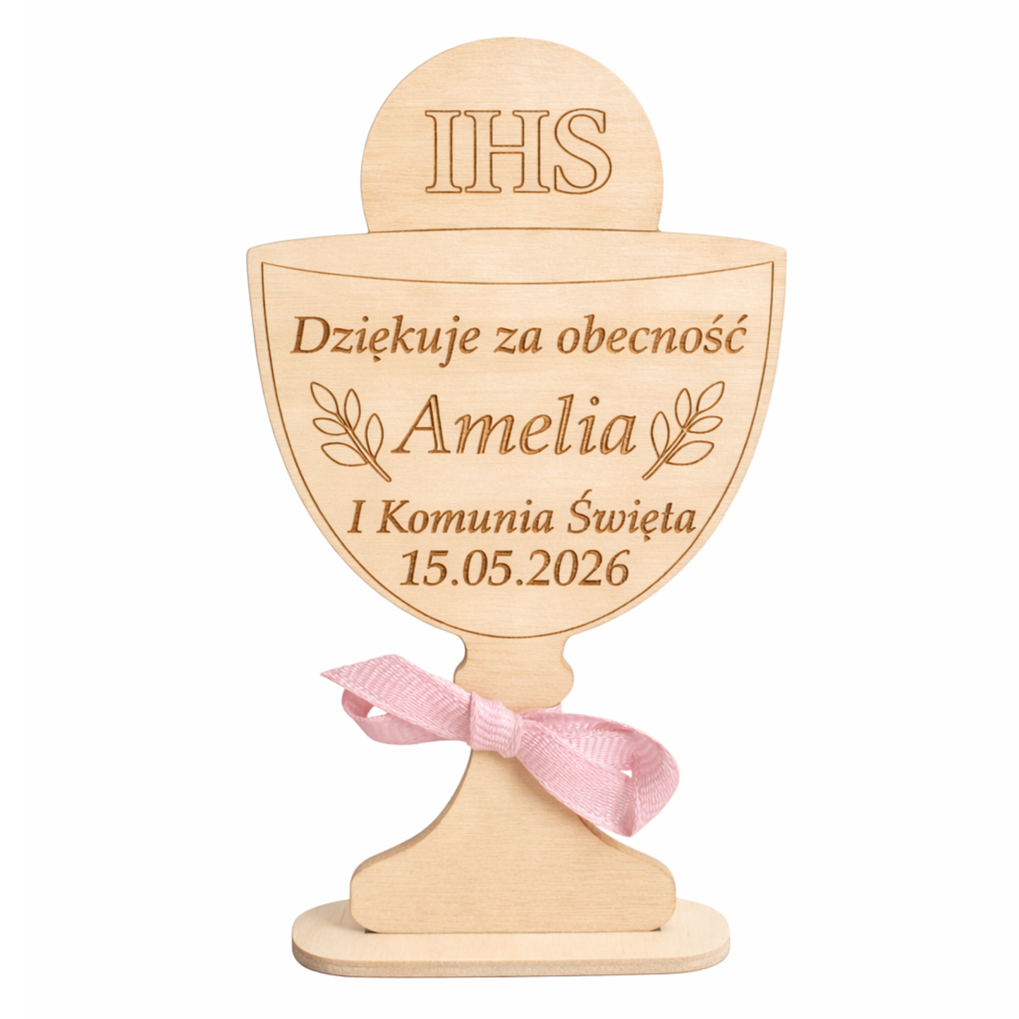 Podziękowanie dla gości Pierwsza Komunia Święta Kielich na podstawce. Personalizowane